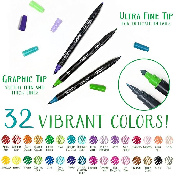 Crayola Sketch & Detail Dual-Tip Markers (16ct), Adult Coloring Set, 32 Colors, Fine & Brush Tip Art Markers, For Calligraphy & Drawing