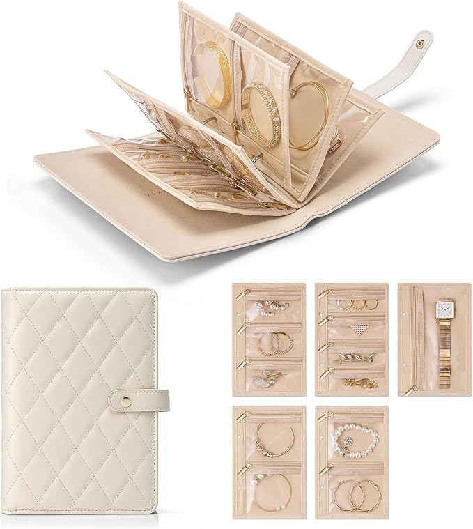 Vlando Travel Jewelry Organizer Case,Valentines Gift,Jewelry Storage Book Ring Binder with Clear Zipper Velvet Jewelry Pouches Bags for Rings,Necklace,Earrings-Cream White