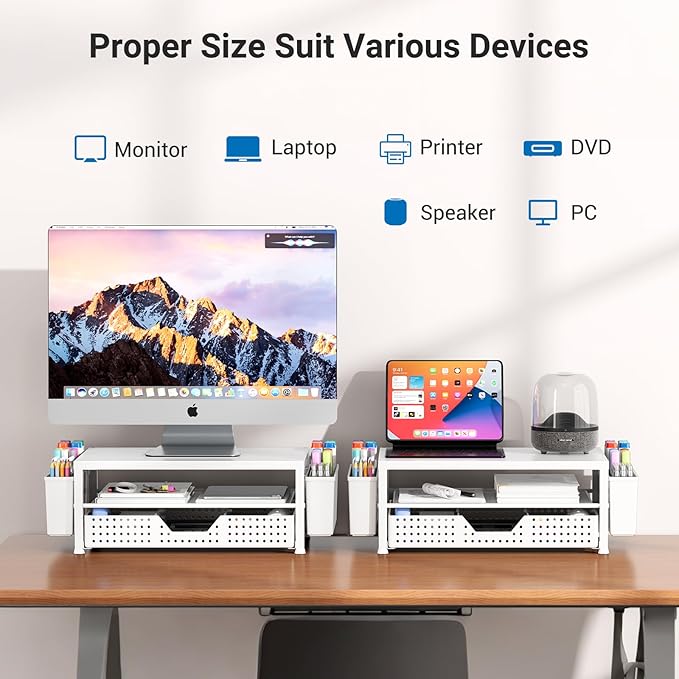Wood Monitor Stand Riser, Laptop Stand for Desk, Office Desk Organizer and Accessories, Computer Desktop Shelf with Drawer and Pen Holder, Printer Stand for Home, Office, Dorm (White Wood)