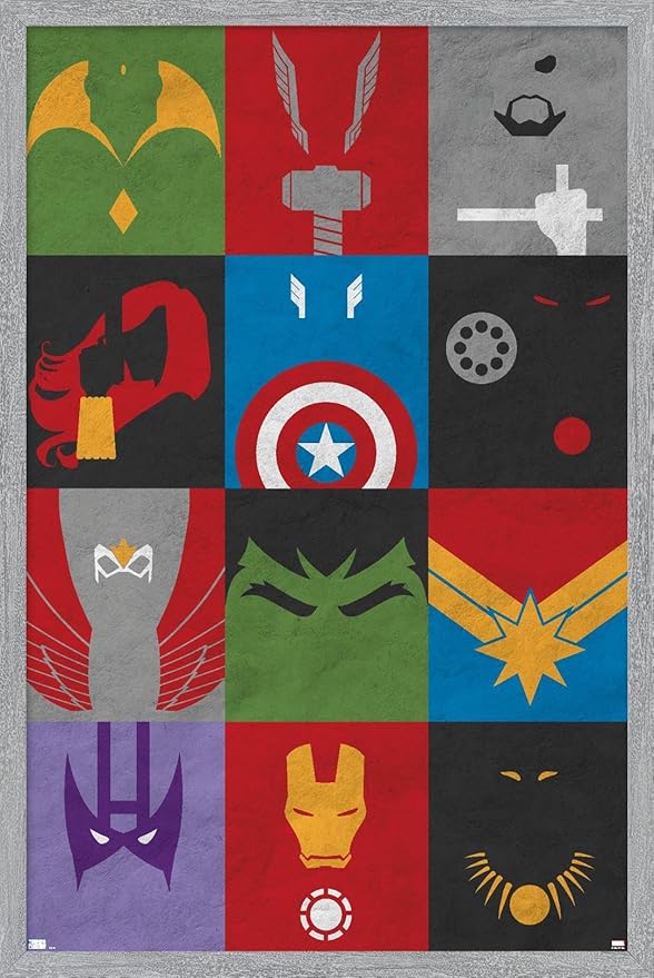 Marvel Comics Avengers - Minimalist Grid Wall Poster, 34L" x 22.4W", Gray Framed Version