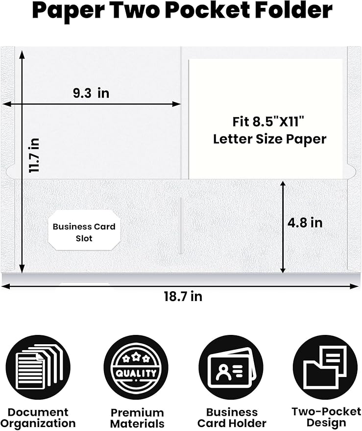 SUNEE Folders with Pockets (25 Pack, White), 2 Pocket Folders Fit Letter Size Paper, Paper File Folder for School Office Home Bussiness