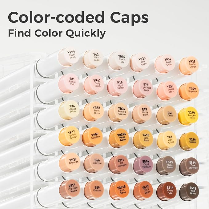 Ohuhu Skin Tone Alcohol Markers Brush Tip - 36 Portrait Skin Color Markers for Artist Adults Coloring Illustration - Fine and Brush Dual Tips - Honolulu B - Refillable - AP Certificated