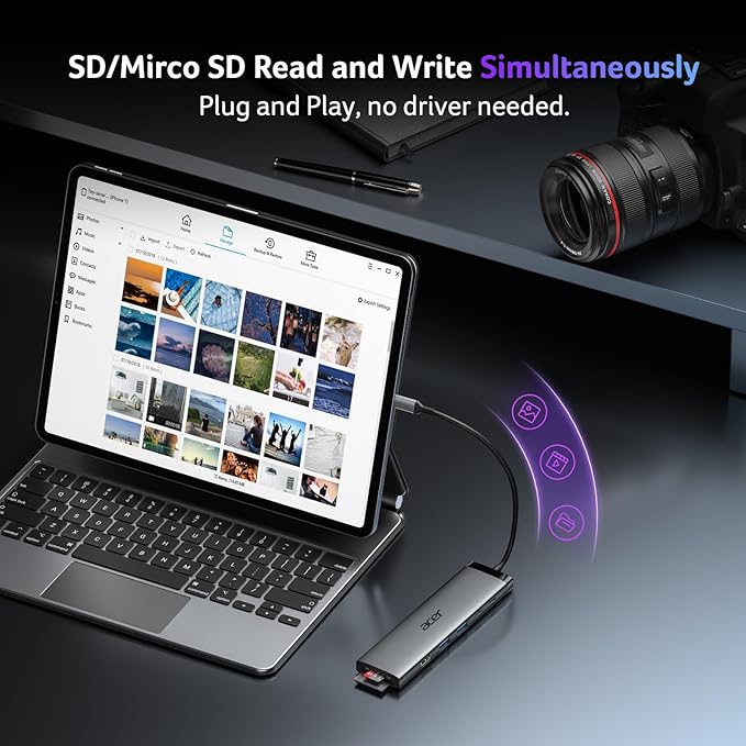 Acer 8 in 1 USB C Hub 10Gbps, USBC to HDMI Adapter 4K@60Hz, 2×USB-C 3.2, 2×USB A 3.0 Data Transfer, 100W PD Port Type C Multiport Splitter with SD/TF Card Reader, for Laptop, PC, Desktop, iPad Pro