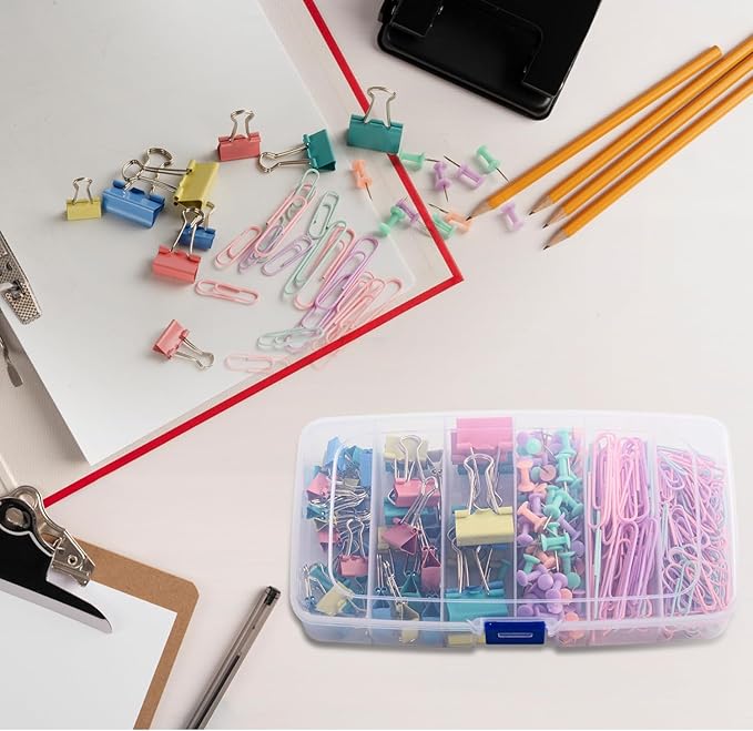 Colorful Paper Clips Binder Clips Set, 300 Pcs Assorted Sizes Binder Clips & Paper Clips Small Medium Large, Pastel Claps and Push Pins Office Supplies Kit for Paper Work and School Teacher Use