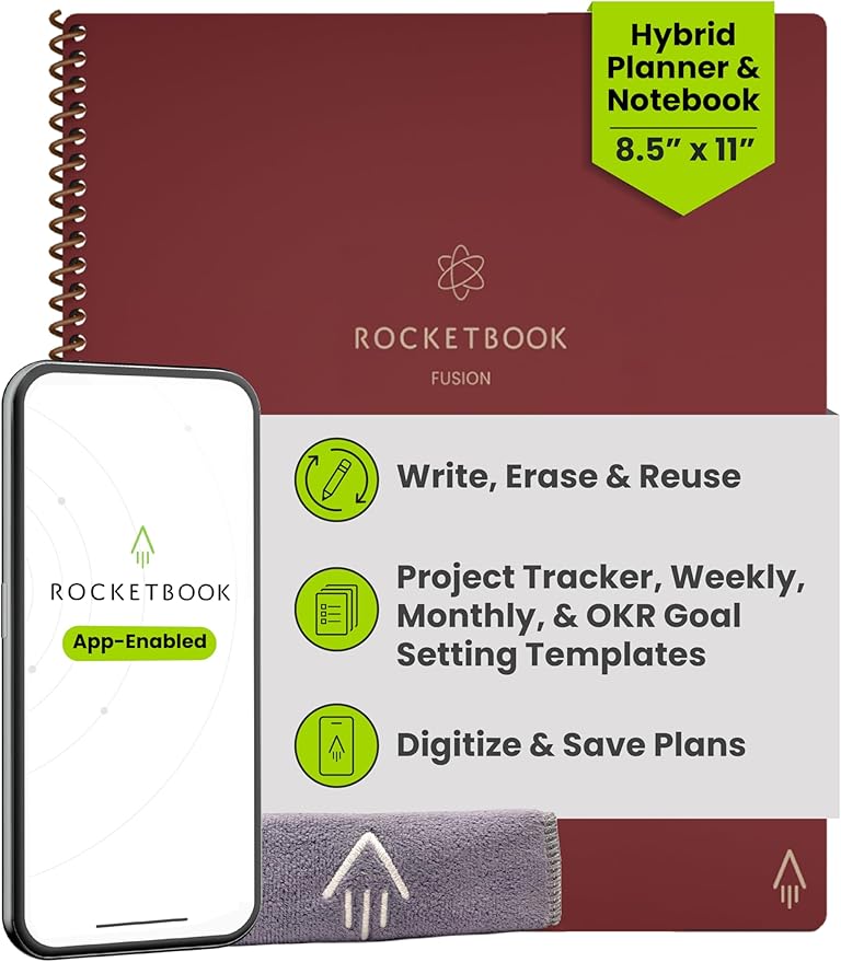 Rocketbook Fusion Reusable Undated Productivity Planner, Letter Size 8.5x11, Maroon - Goals, Monthly and Weekly Calendar, Daily To-do List, Lined and Dotted Notes Pages