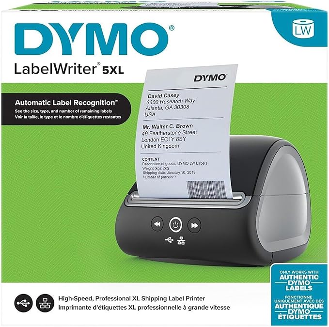 DYMO LabelWriter 5XL Direct Thermal Monochrome Wired Label Printer - USB and Ethernet Connectivity, 62 Labels Per Minute, 300 dpi, 4.16" Print Width - Includes 1 Rolls of 500 Labels