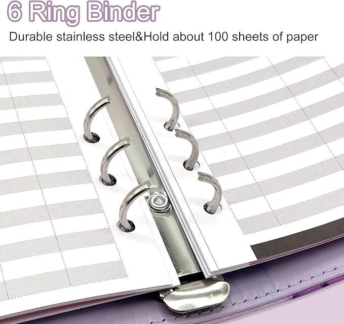 A6 Refillable 6 Ring Faux Leather Budget Binder,Mini Notebook Binder Cover for A6 Filler Paper,Loose Leaf Personal Planner Cover with Magnetic Buckle Closure (Marble Purple)
