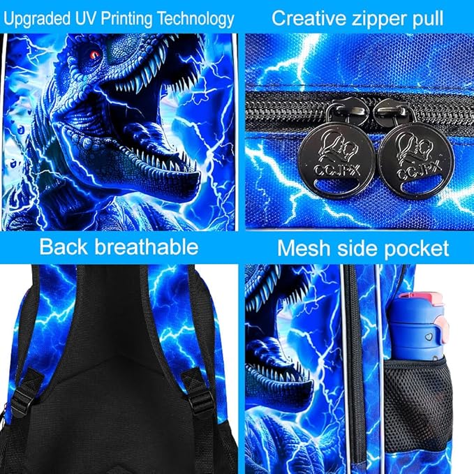 KLFVB 3PCS Boys Backpack Set, 17" Dinosaur Bookbag and Lunch Box, Water Resistant Teenagers School Backpacks for Middle Elementary - Lightning T-Rex