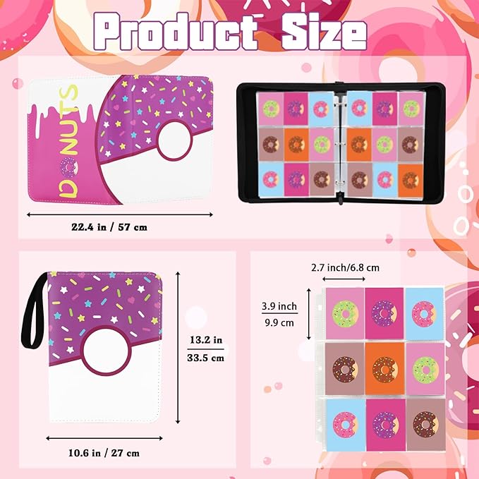 9 Pocket Card Binder 900 Card Holder Album, Pink Donut Trading Cards Holder Zipper Binder for Girl Teen Collection (Purple Donut, 900 Pocket)