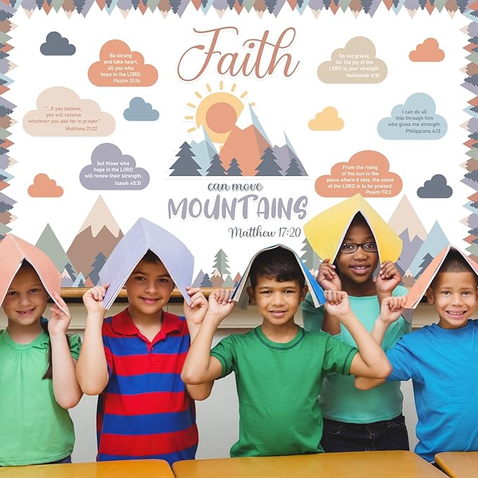 gisgfim 40Pcs Faith Can Move Mountains Bulletin Board Set Moving Mountains Bulletin Board Decor Religious Inspirational Cutouts VBS Vacation Bible School Cutouts for School Classroom Wall Decor