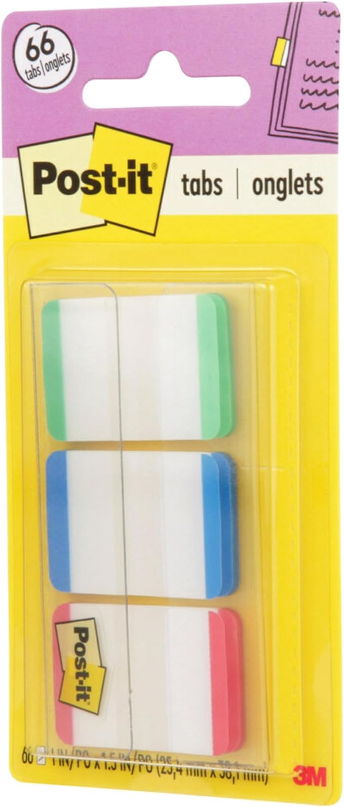 Post-it Tabs, 1 in, Lined, Green, Blue, Red, 22 Tabs/Color, 66 Tabs/On-The-Go Dispenser (686L-GBR)