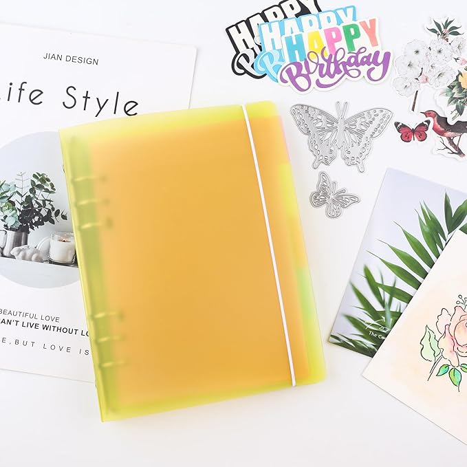 BAOFALI 2Pcs/Set A5 6 Ring Binder Cover Clean Transparent Soft PVC for Refillable Notebook Shell withMatte surfaceforStamp & Die Storage (Yellow)