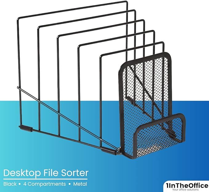 1InTheOffice Metal Incline Desktop File Sorter, Black Wire Mesh Step Sorter, 6 Compartments