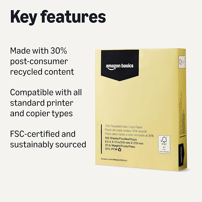 Amazon Basics 30% Recycled Color Copy Paper, 8.5" x 11", 20lb, 500 Sheets, Pastel Canary