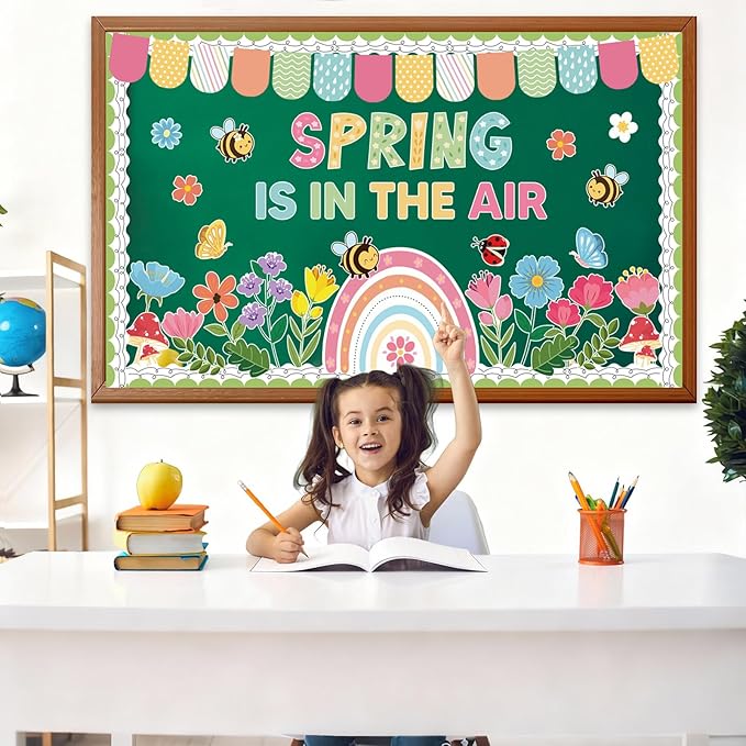 Spring Flower Bulletin Board Set Floral Classroom Bulletin Board Decoration with Rainbow Flowers Bee Paper Cutouts Spring in The Air Themed Classroom Wall Decor for School Chalkboard Teacher Supplies