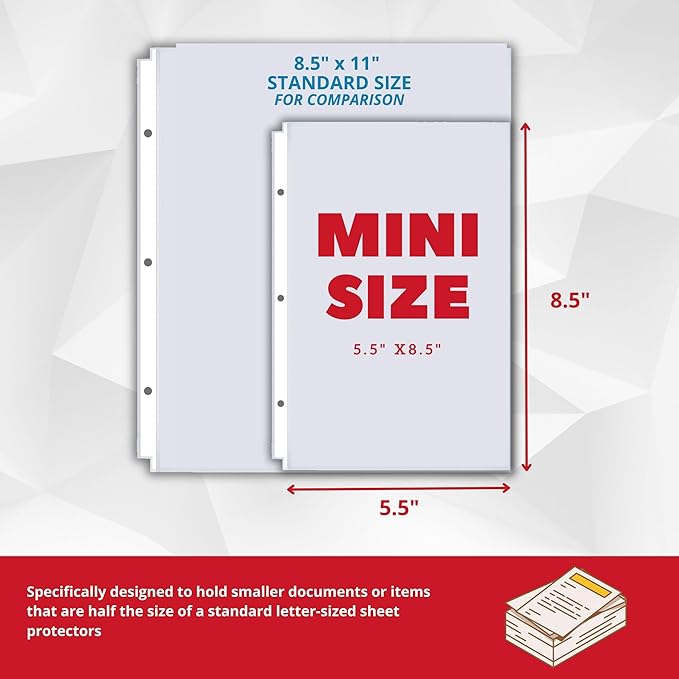 Heavyweight Sheet Protectors 5.5 x 8.5, 100 Pack Clear Mini Page Protectors, Top Load, Reinforced Holes, Acid-Free for 3-Ring Binders - Office Werks