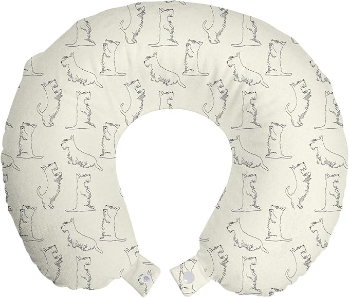 Ambesonne Scottie Dog Travel Pillow Neck Rest, Hand-Drawn Tiling Sketched Pattern of Playful Animals Different Poses, Memory Foam Traveling Accessory for Airplane and Car, 12", White Dust