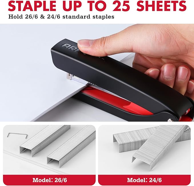 Arrow Full-Strip Stapler with Staples, 25 Sheets Capacity, Stapler with 2520 Count 26/6 Staples, Built-in Storage, Open for Tacking, Non-Slip, for Daily Office Use, School and Home Organization