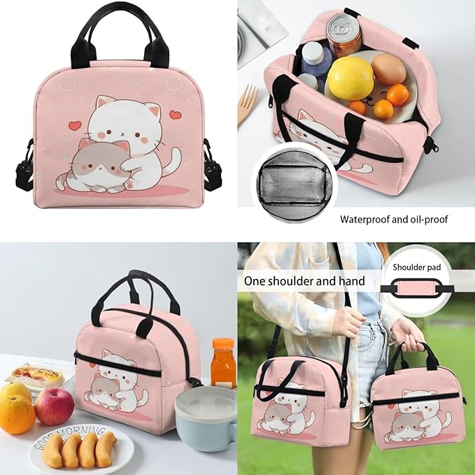 Girls School Bag for Kids 6-8 10-12 Kawaii Cat Backpack Set with Lunch Bag Pencil Case Water Bottle Sleeve Elementary Middle High School Bookbag College Rucksack Daypack