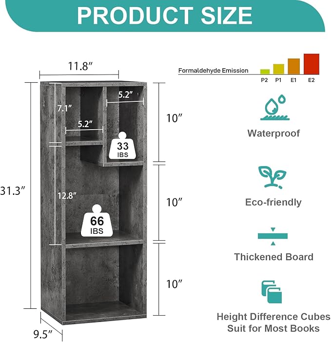 VECELO Small Bookshelf, 4 Cube Slim Bookcase, Fits Tallest Hardcovers, Horizontal Available, Modern Floor Standing Unit, Each Shelf Hold Up to 66 LBS,Gray