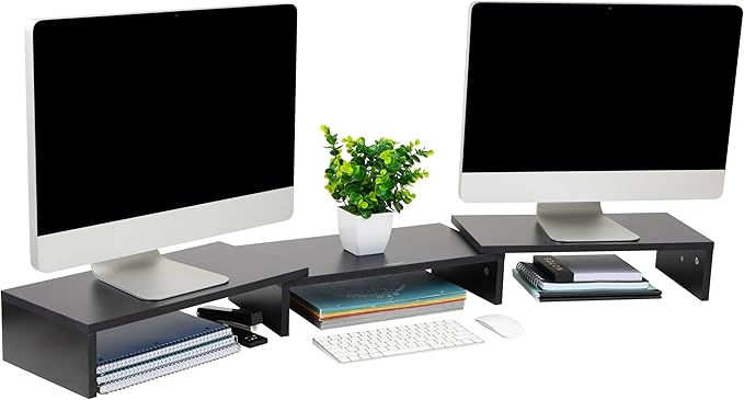 Mind Reader Dual Monitor Stand, Desktop Organizer, Laptop Riser, Office, MDF, 51.25"L x 9.25"W x 4.75"H, Black