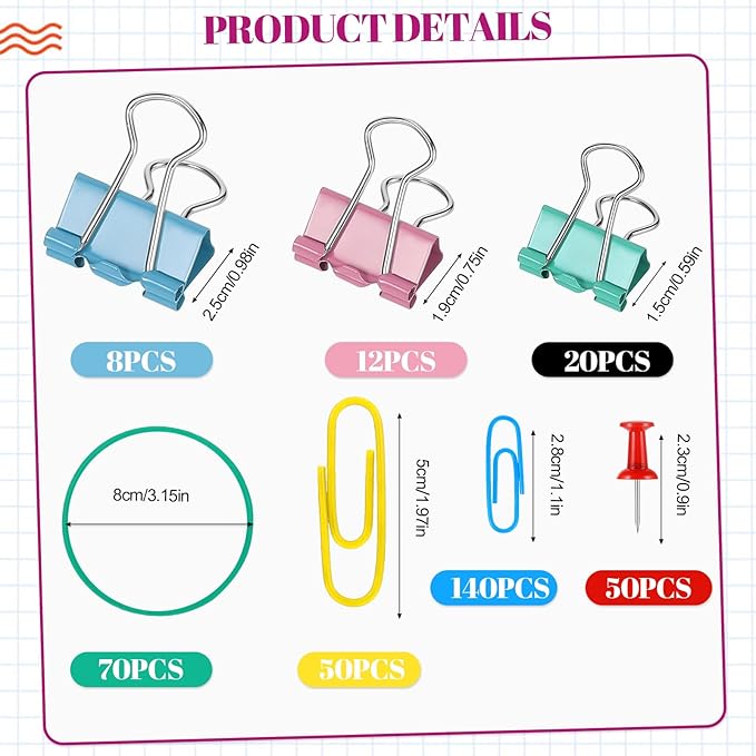 350 Pcs Colored Paper Clips Assorted Sizes and Binder Clips, Paper Clamps Rubber Bands Push Pins Teacher Supplies for Classroom Office Desk Essentials