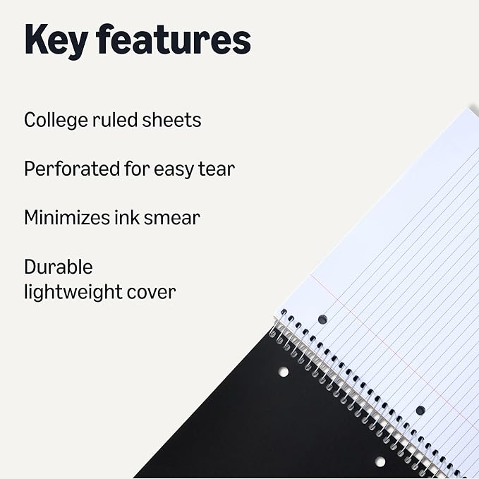 Amazon Basics College Ruled Spiral Notebook, Poly Cover, 3 Subject, 150 Sheets, 9" x 11", Black, 1 pack