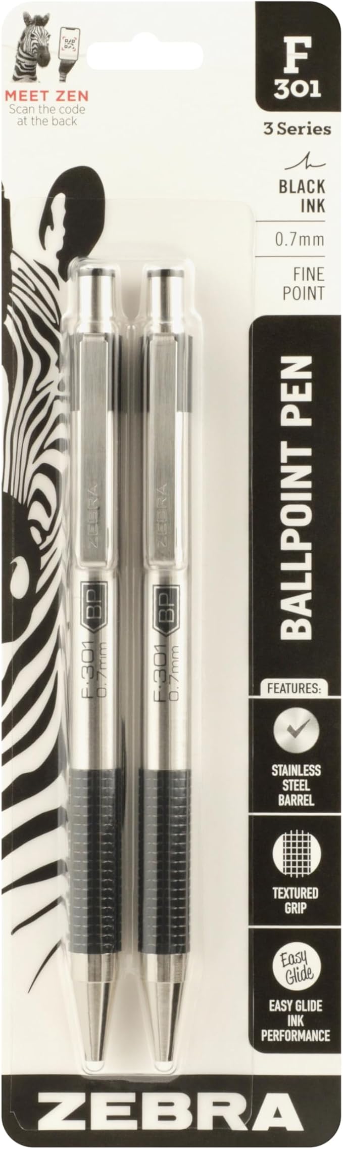 Zebra Pen F-301 Ballpoint Black Ink Fine Point 0.7mm Pen, Easy-Glide Ink, Stainless Steel Retractable, Non-Slip Grip, Professional Design, Ideal for Office, Journal and Planner Use, 2-Pack (27112)
