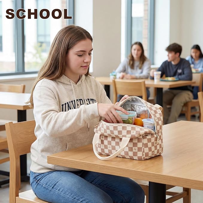 LEDAOU Lunch Box for Women Insulated Lunch Bag Corduroy Lunch Tote Bags Leakproof Cooler Lunch Case for Travel Work Picnic (rown Checkered Bow)