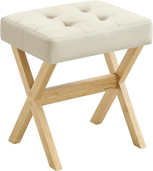 SONGMICS Makeup Stool, Padded Vanity Stool, Foot Rest, Solid Wood X Legs, for Bedroom, Closet, Entryway, 12.6 x 16.5 x 18.1 Inches, Summer Sand and Brown ULSF006LF01