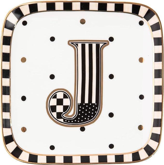 MACKENZIE-CHILDS Monogram Dish, Decorative Ceramic Letter Plate, 5 3/4" Square, J