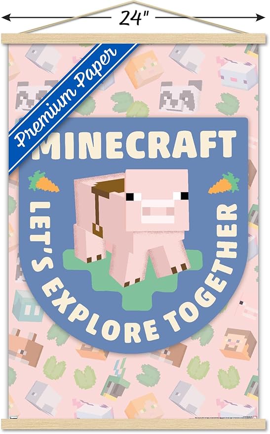 Trends International Minecraft - Let's Explore Together Wall Poster with Magnetic Frame, 34L x 22.4W, Premium Print and Beechwood Hanger Bundle