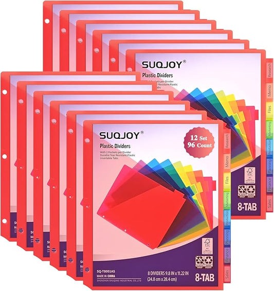 Binder Index Dividers with Tabs, 96 Count 3 Ring Binder Dividers with Pockets, 8 Tab Dividers for 3 Ring Binder, Plastic Sheet Protectors for US Letter Size, 8 Color Tab Dividers,12 Packs