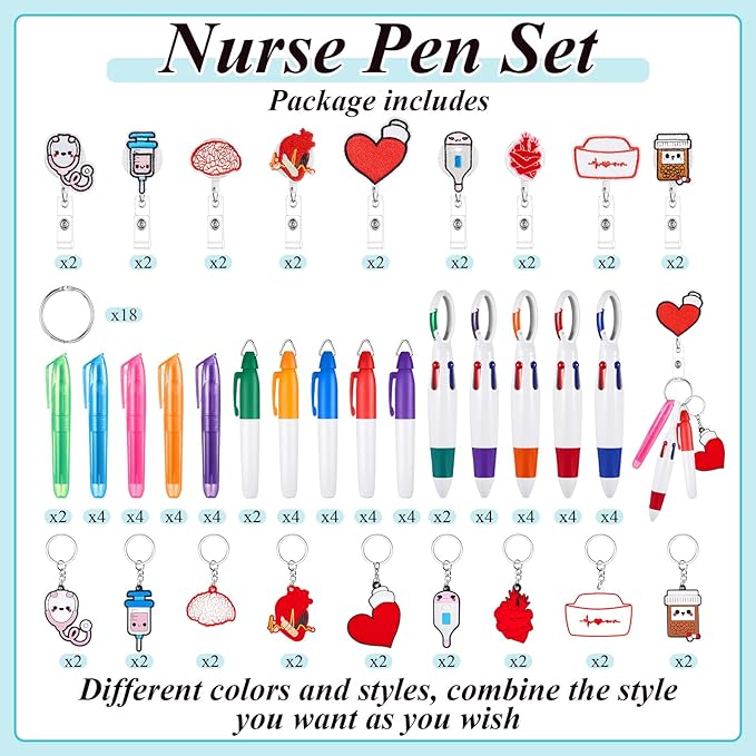 Henoyso 108 Pcs Nurse Badge Reel Pens Mini Highlighter Pens Bulk Nursing Week Appreciation Gifts Badge Accessories Retractable for Cna Medical Assistant Christmas Women (Stylish)