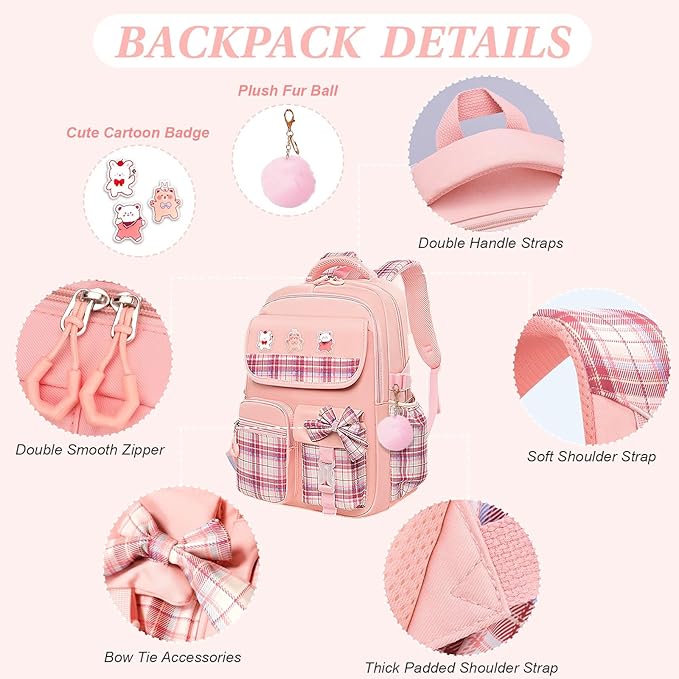 3PCS Girls Backpack Set for School - Cute Kids Bookbag with Lunch Box & Pencil Case, Stylish Backpack Combo for Girls Preschool Elementary Middle High School Students Teens Pink