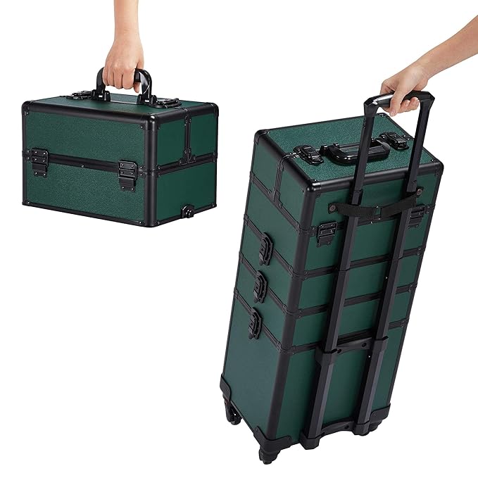 Yaheetech 4 in 1 Aluminum Rolling Makeup Case Professional Cosmetic Case Makeup Train Case Cosmetic Organizer Makeup Trolley Dark Green