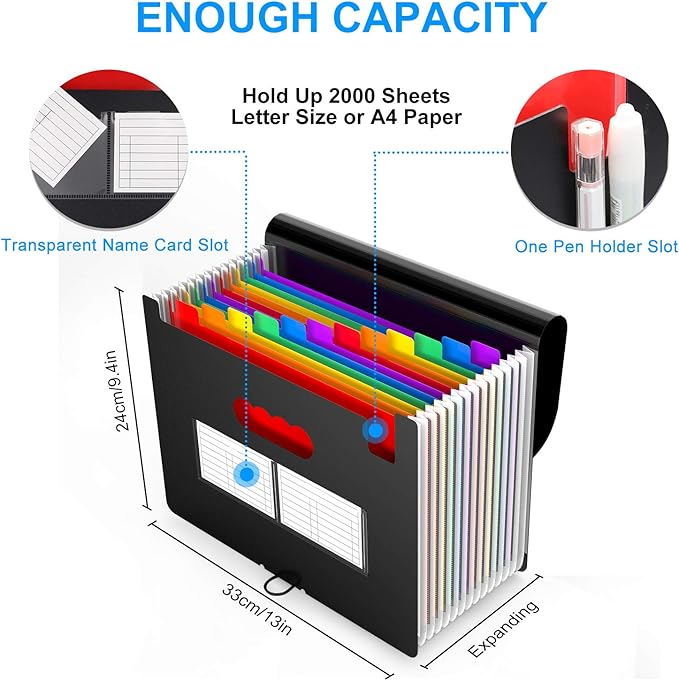 Accordion File Folder, 12 Pocket Expanding Desktop File Keeper with Labels, Portable Monthly Bill Receipt Document Storage Organizer, Letter/A4 Size