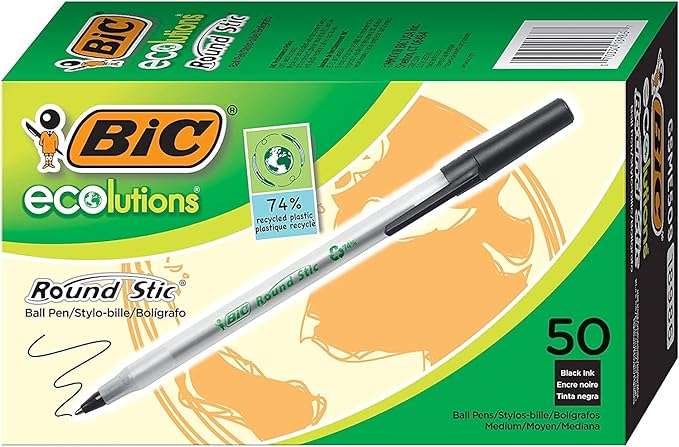 BIC Ecolutions Round Stic Ballpoint Pen, Medium Point (1.0mm), Black, 144-Count, For a Smooth Writing Experience
