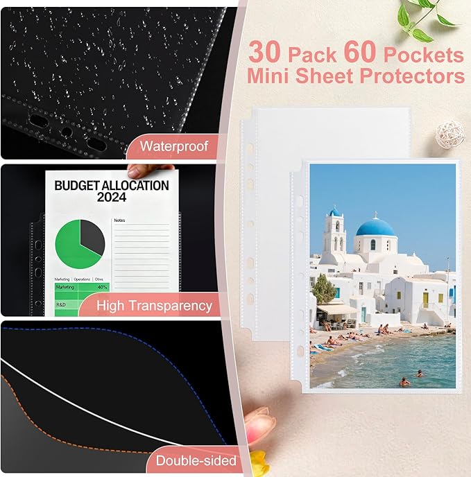 5.5x8.5 Inch Faux Leather Notebook with 30 Pack 60 Pockets Sleeve Refill Pages,6 Ring A5 Binder Album Collection Holder Book, Ultra-Clear Photo Binder Protector, Double-Sided and Top Loading