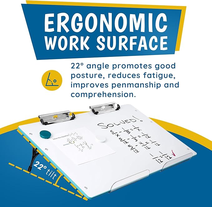 Visual Edge - Slant Board for Writing – Adjustable Magnetic Whiteboard & 22° Angle Ergonomic Desk for Reading, Writing, Drawing and Studying – Portable Tabletop Stand for Students and Teachers - Blue