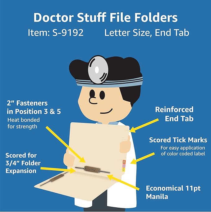 Manila File Folders, Doctor Stuff, Manila Letter Size Reinforced End Tab Folders with 2” Bonded Fastener on Inside Front and Back in Positions 3 & 5, 11 pt Manila Stock, Carton of 250