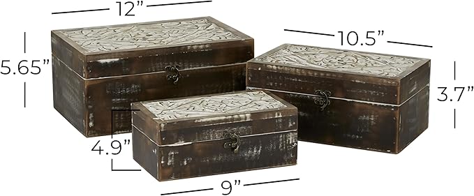 Deco 79 Wood Floral Handmade Decorative Box Decorative Keepsake Boxes with Hinged Lid, Set of 3 Storage Boxes 12", 11", 9"W, Brown