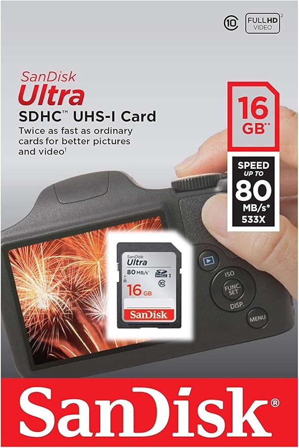 SanDisk Ultra 16GB Class 10 SDHC Memory Card Up to 80MB/S- SDSDUNC-016G