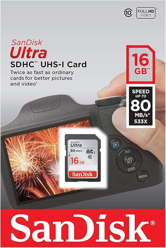 SanDisk Ultra 16GB Class 10 SDHC Memory Card Up to 80MB/S- SDSDUNC-016G