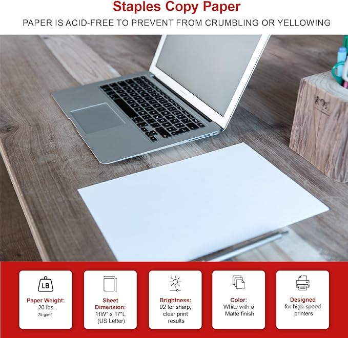 Staples Copy Paper, 11" x 17", 92 Brightness, 20 lbs., Ledger Size Paper, For Office, School & Home
