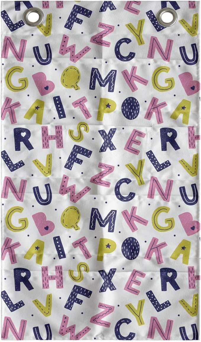 Ambesonne Alphabet Hanging Pocket Organizer, Geometric with Hearts Stars and Mini Polka Dots, Printed Polyester Storage Bag with Pockets, 21" x 31", Yellow Green Pastel Pink