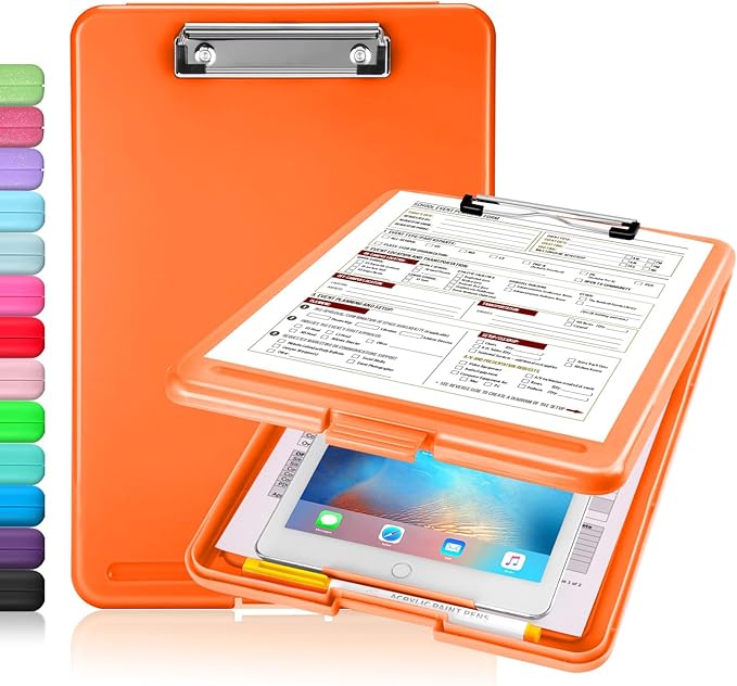 Sooez Clipboard with Storage, Plastic Storage Clipboards with Low Profile Clip, Nursing Clip Boards Foldable, Hanging Clipboard Case for Work, Teacher, Classroom Must Haves, Office School Supplies