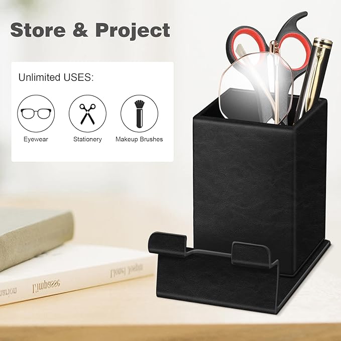 FINTIE Pencil Holder With Phone Stand, Eyeglasses Holder, Desktop Organizer Nightstand Accessories Office Supplies Case