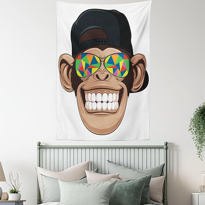 Ambesonne Cartoon Tapestry Twin Size, Fun Hipster Monkey with Colorful Sunglasses and Hat Rapper Hippie Ape Art, Wall Hanging Bedspread Bed Cover Wall Decor, 68" X 88", White Brown