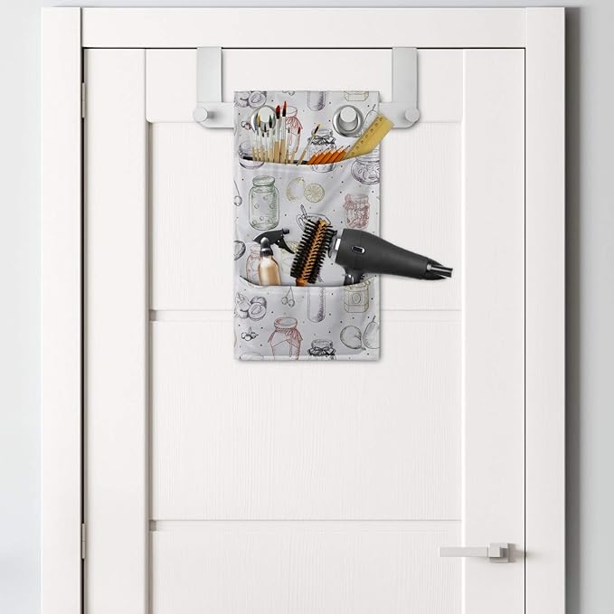 Ambesonne Ingredients Hanging Pocket Organizer, Sketch Colorful Freehand Drawings of Jars Fruits Bottles and Mini Spots, Printed Polyester Storage Bag with Pockets, 9" x 16", White Multicolor
